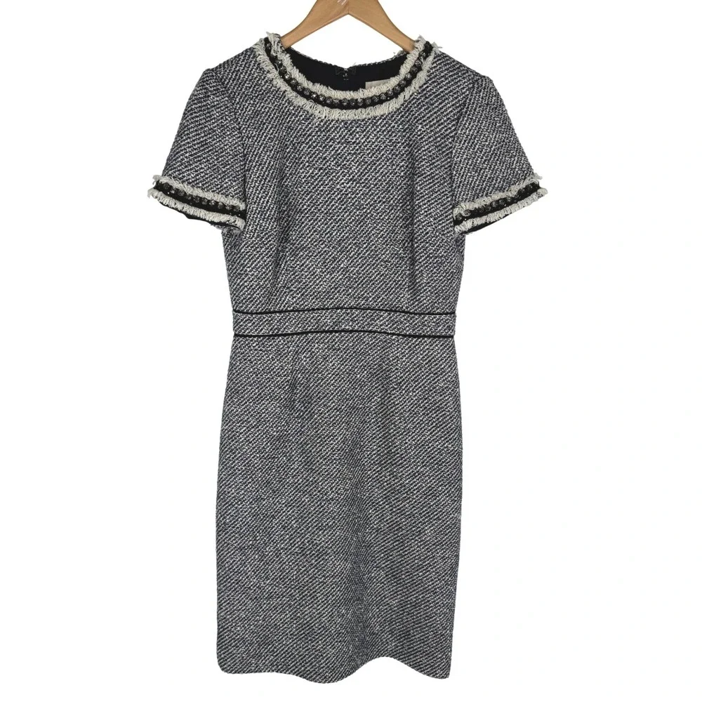 Tory Burch Rosemary Metallic Tweed‎ Dress 4 Jewels Fringe Navy White Old Money